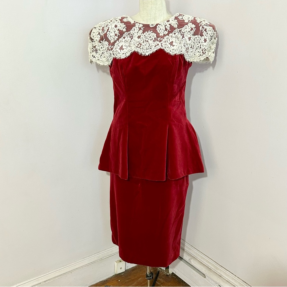 Vintage Red Velvet & Lace Skirt Suit 12